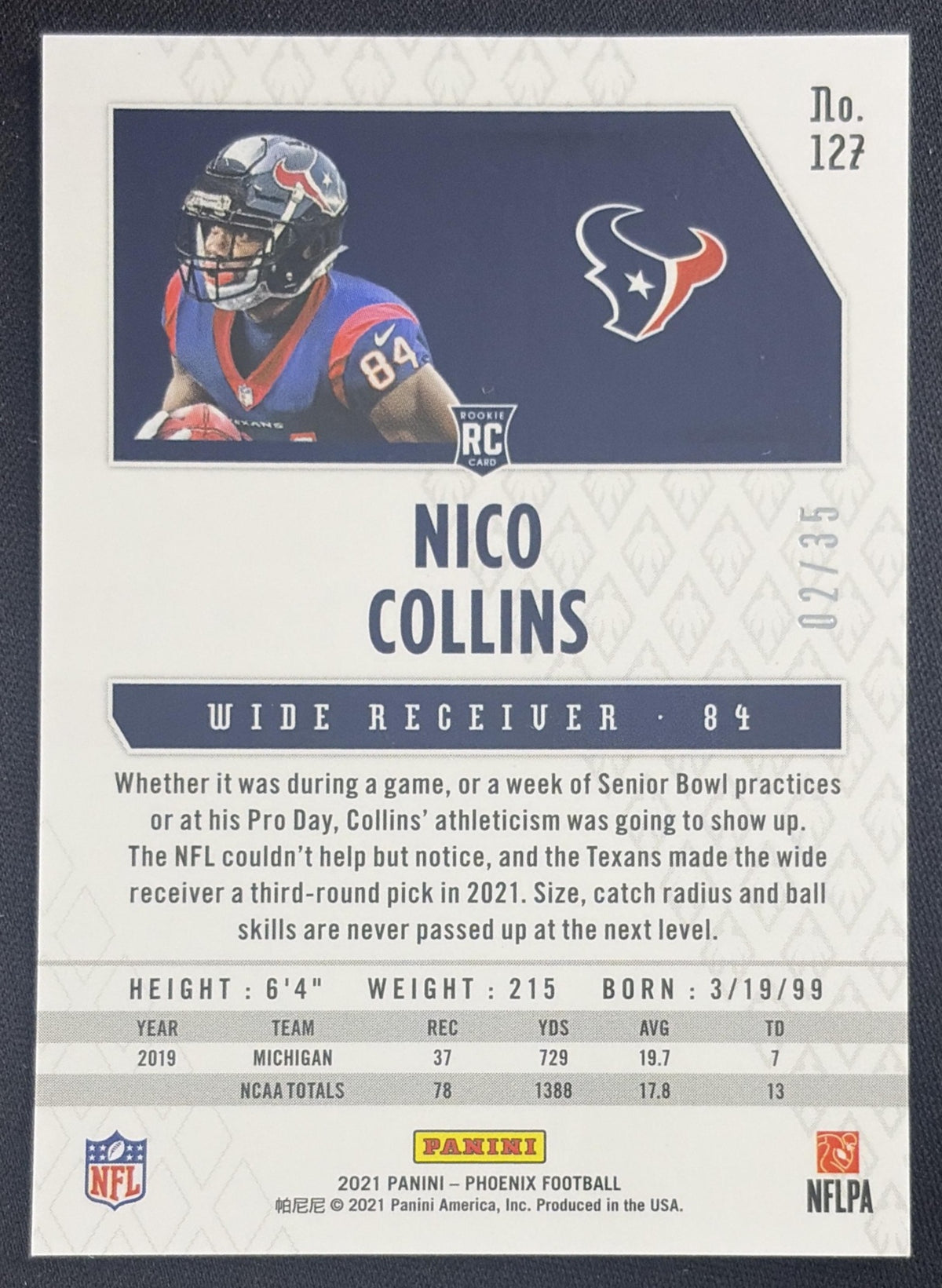 Nico Collins 2021 Panini Phoenix Blue /35 Texans Sports Trading Card