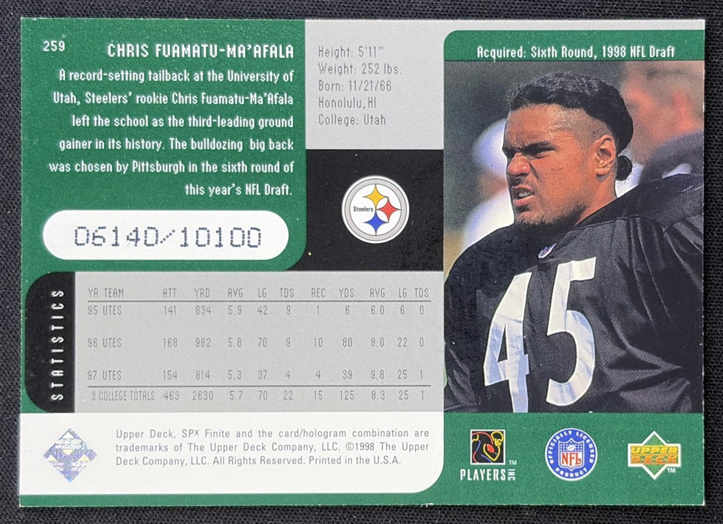 Chris Fuamatu-Ma afala 1998 SPx Finite /10100 Steelers