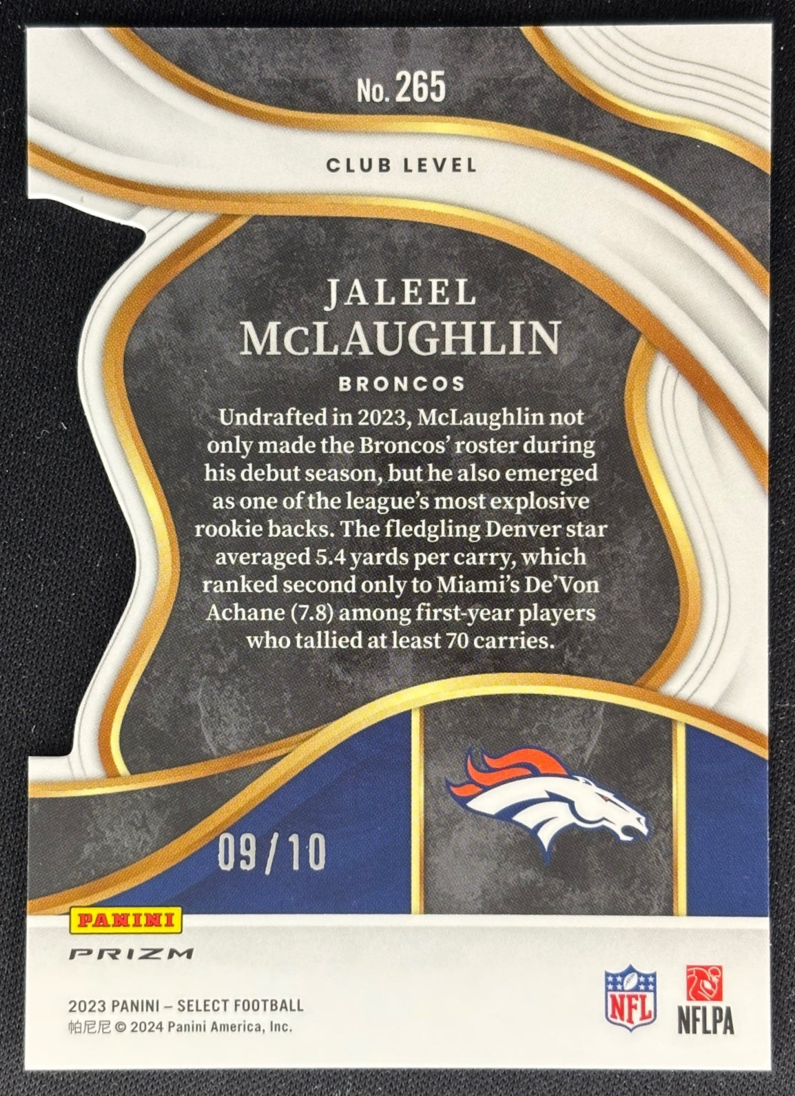 Jaleel McLaughlin 2023 Panini Select Gold Prizms Die Cut /10 Broncos Sports Trading Cards