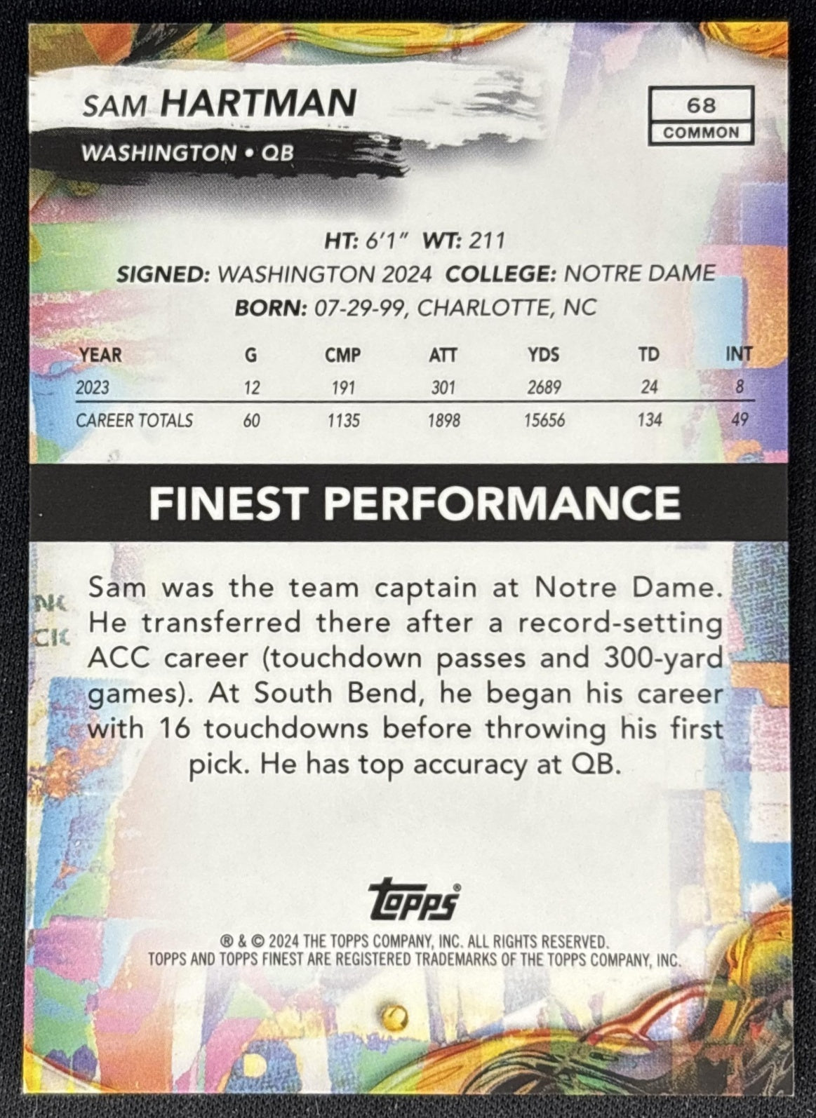 Sam Hartman 2024 Topps Finest Oil Spill Refractor /20 Commanders back