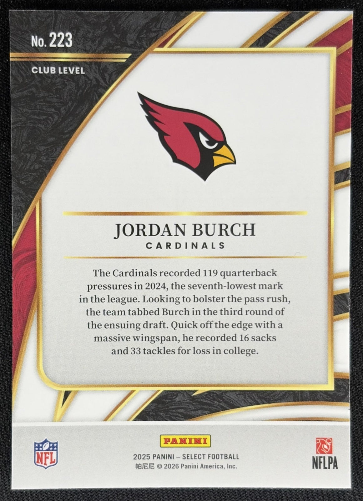 Jordan Burch 2025 Panini Select Club Level Cardinals Sports Trading Card