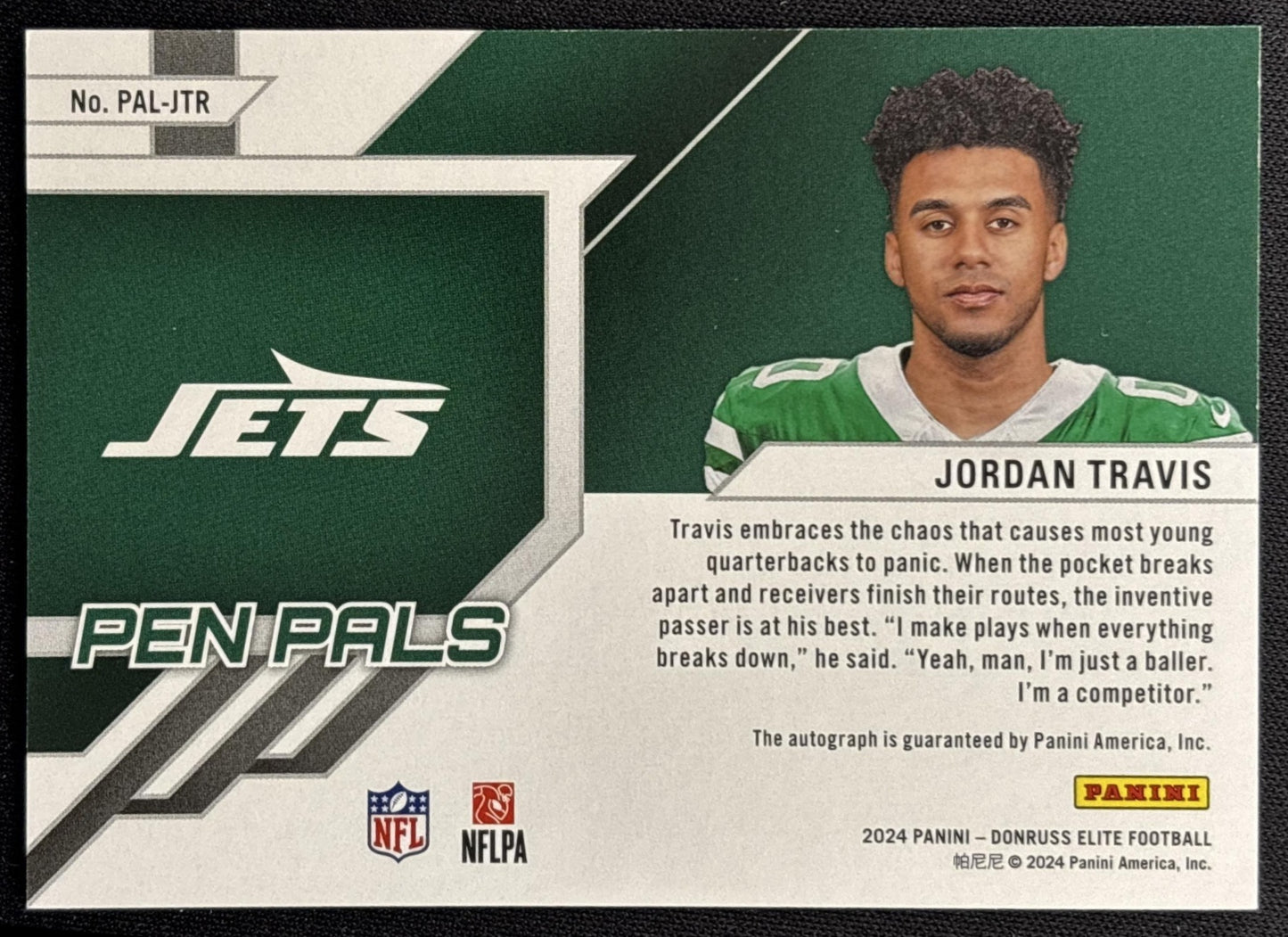 Jordan Travis 2024 Panini Donruss Elite Pen Pals Blue Ink Jets Sports Trading Card