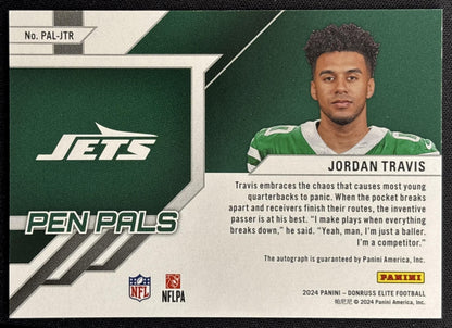 Jordan Travis 2024 Panini Donruss Elite Pen Pals Blue Ink Jets Sports Trading Card
