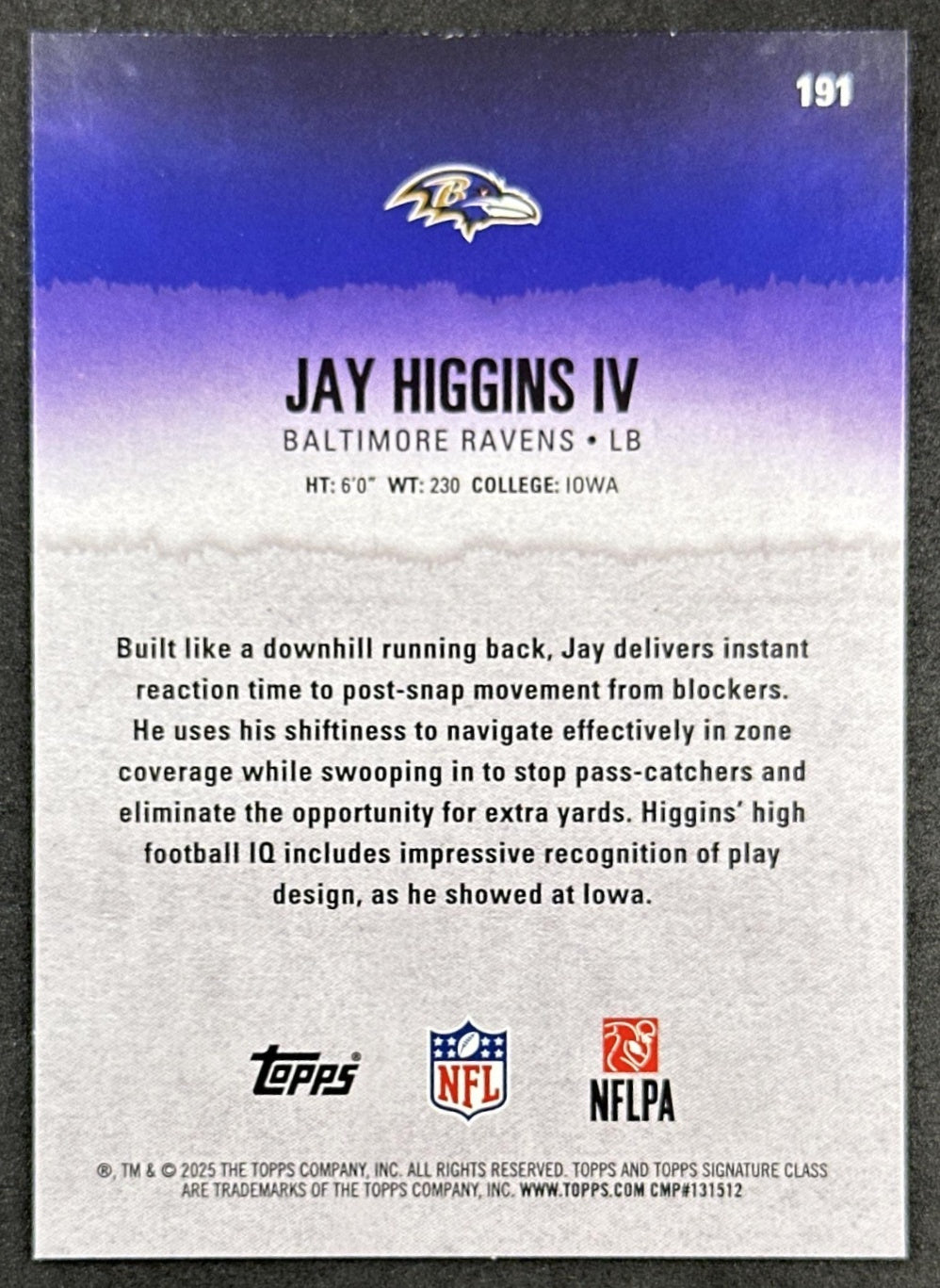 Jay Higgins IV 2025 Topps Signature Class Rookie Blue & Yellow Foil Ravens