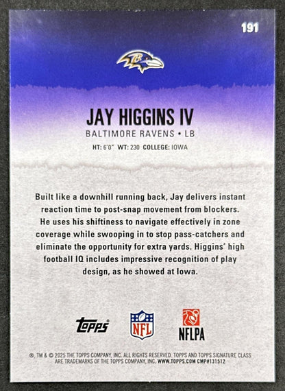 Jay Higgins IV 2025 Topps Signature Class Rookie Blue & Yellow Foil Ravens