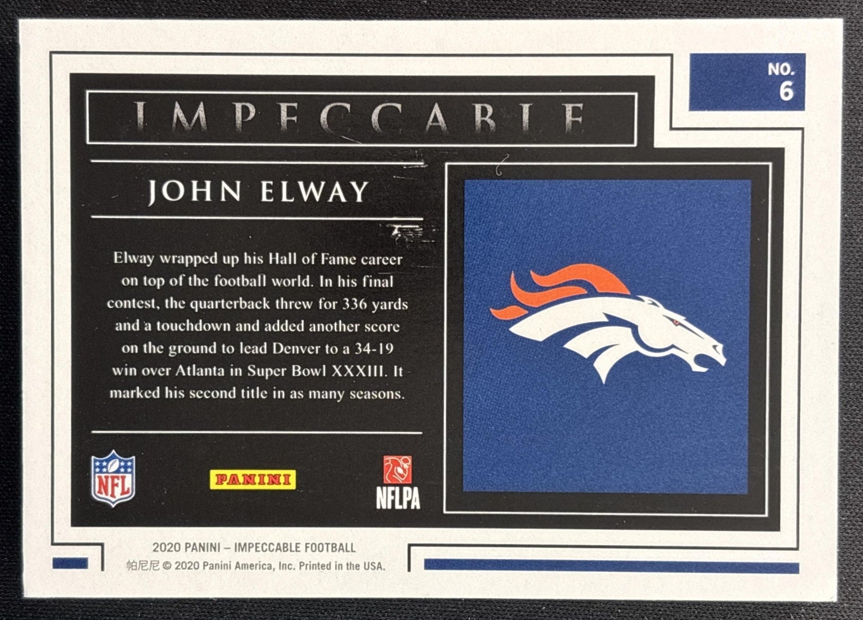 John Elway 2020 Panini Impeccable Silver Super Bowls /20 Broncos Sports Trading Cards