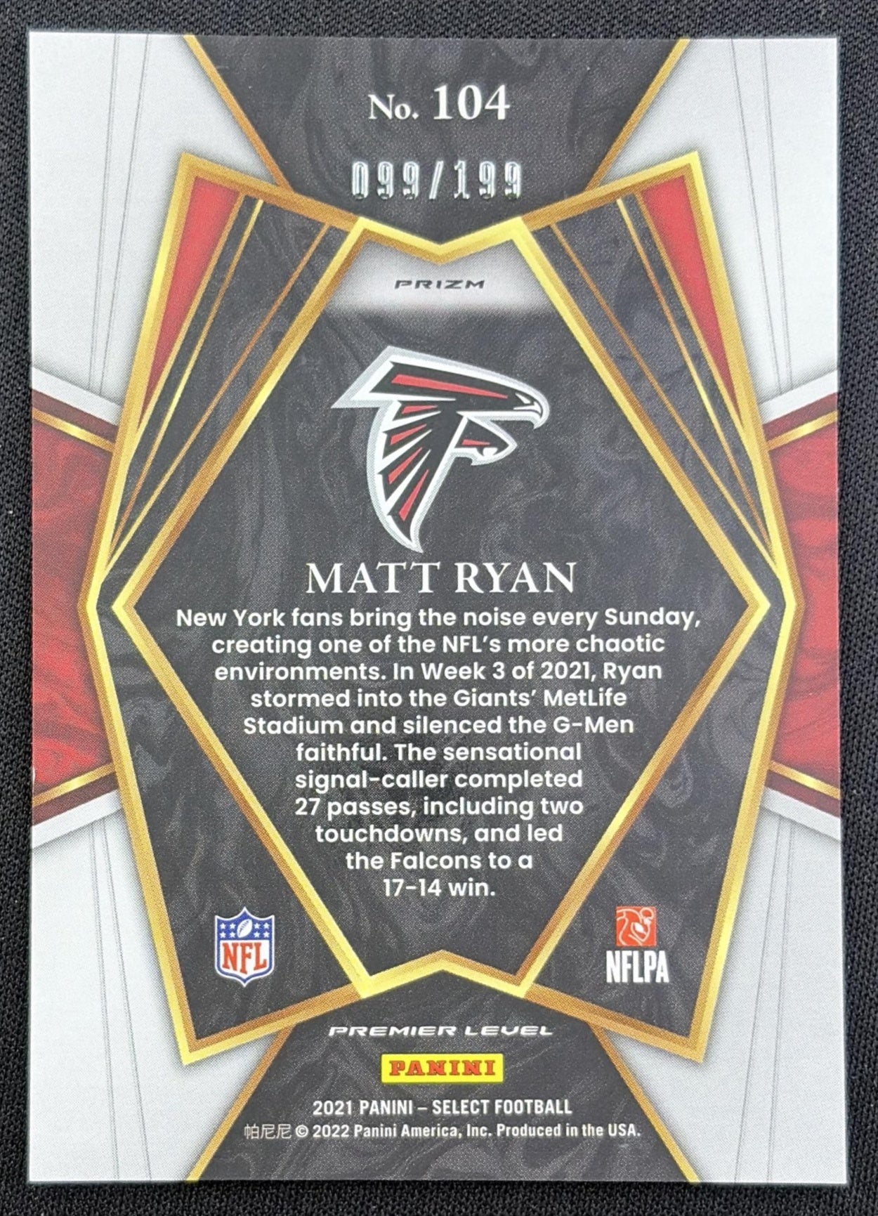 Matt Ryan 2021 Panini Select Copper Prizm Die Cut /199 Falcons back