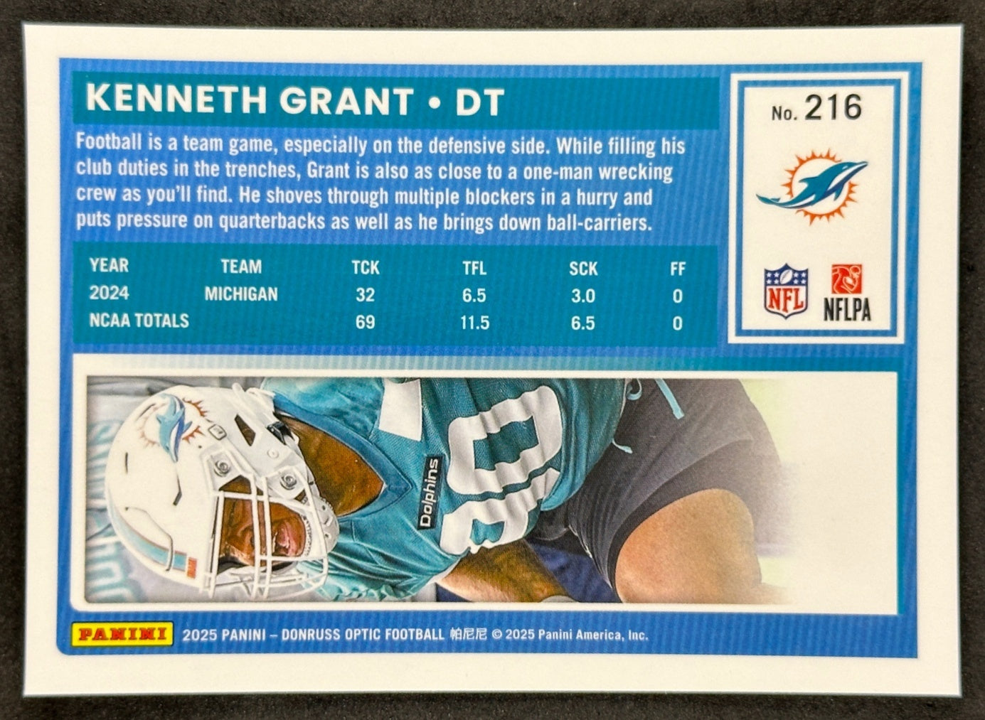 Kenneth Grant 2025 Donruss Optic Rated Rookie Dolphins Sports Trading Card