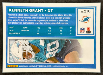 Kenneth Grant 2025 Donruss Optic Rated Rookie Dolphins Sports Trading Card