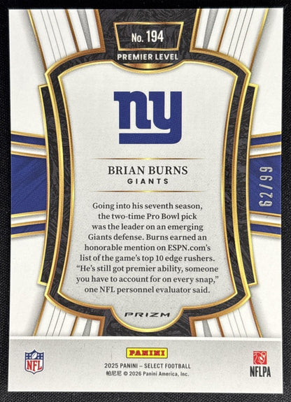Brian Burns 2025 Panini Select Premier Level Light Blue Prizm /99 Giants