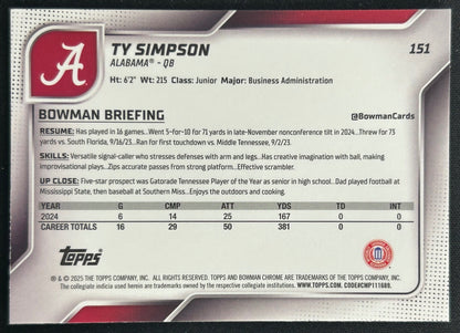 Ty Simpson 2025 Chrome University Sapphire Prospect Crimson Tide sports trading card (back)