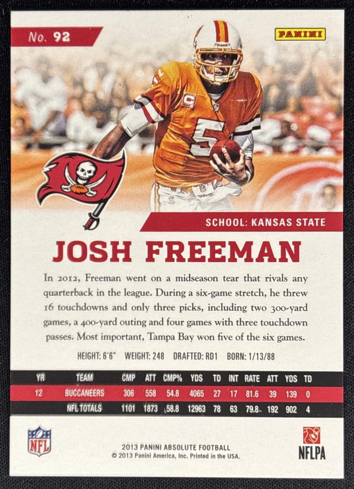 Josh Freeman 2013 Panini Absolute Spectrum Black /49 Buccaneers back