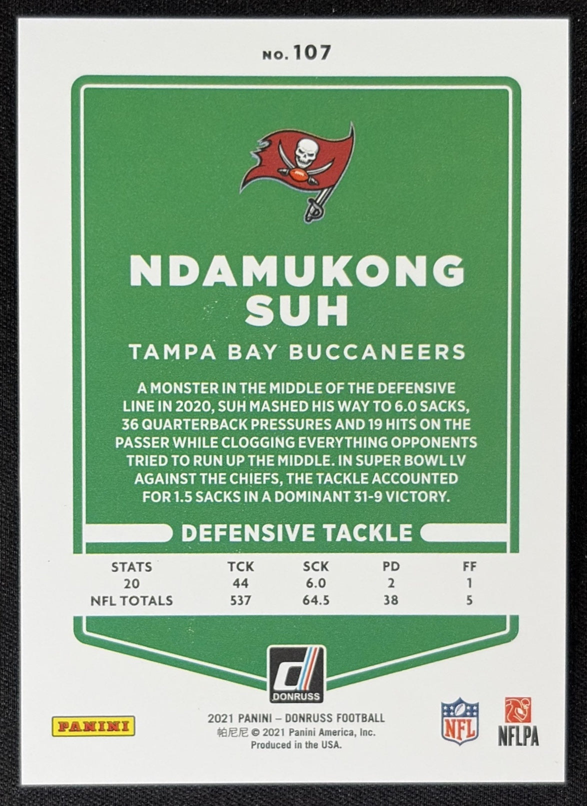 Ndamukong Suh 2021 Panini Donruss Press Proof Premium Buccaneers - Tampa Bay Buccaneers
