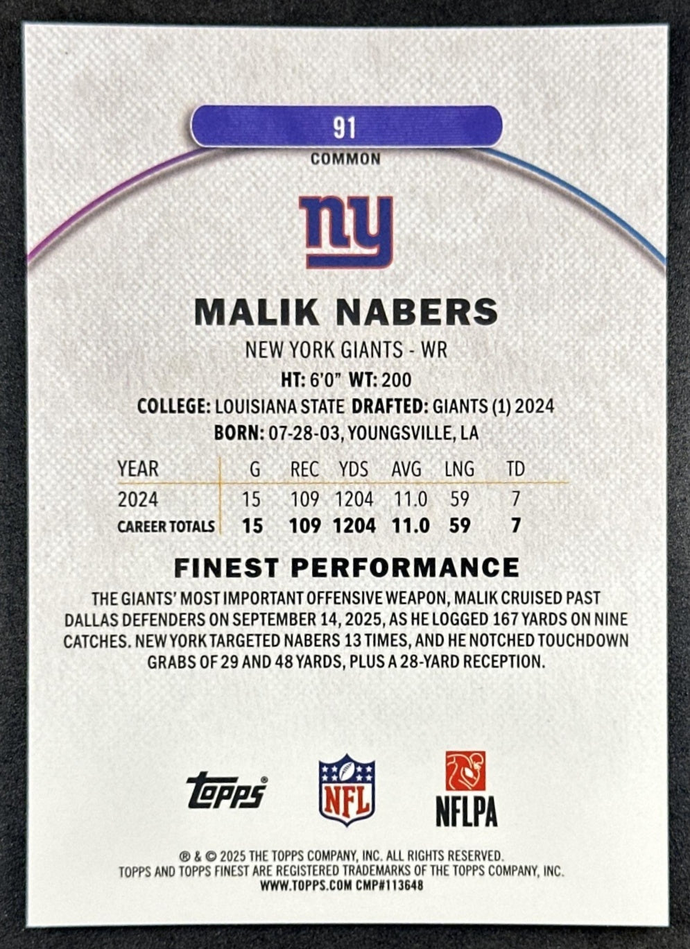 Malik Nabers 2025 Topps Finest Sky Blue Refractor /325 Giants back