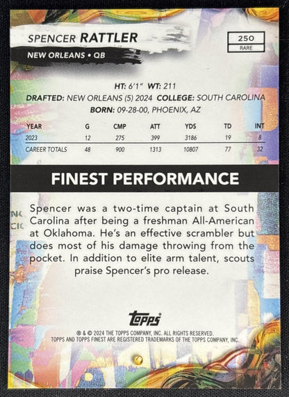 Spencer Rattler 2024 Topps Finest Gold Geometric Refractor /20 Saints back