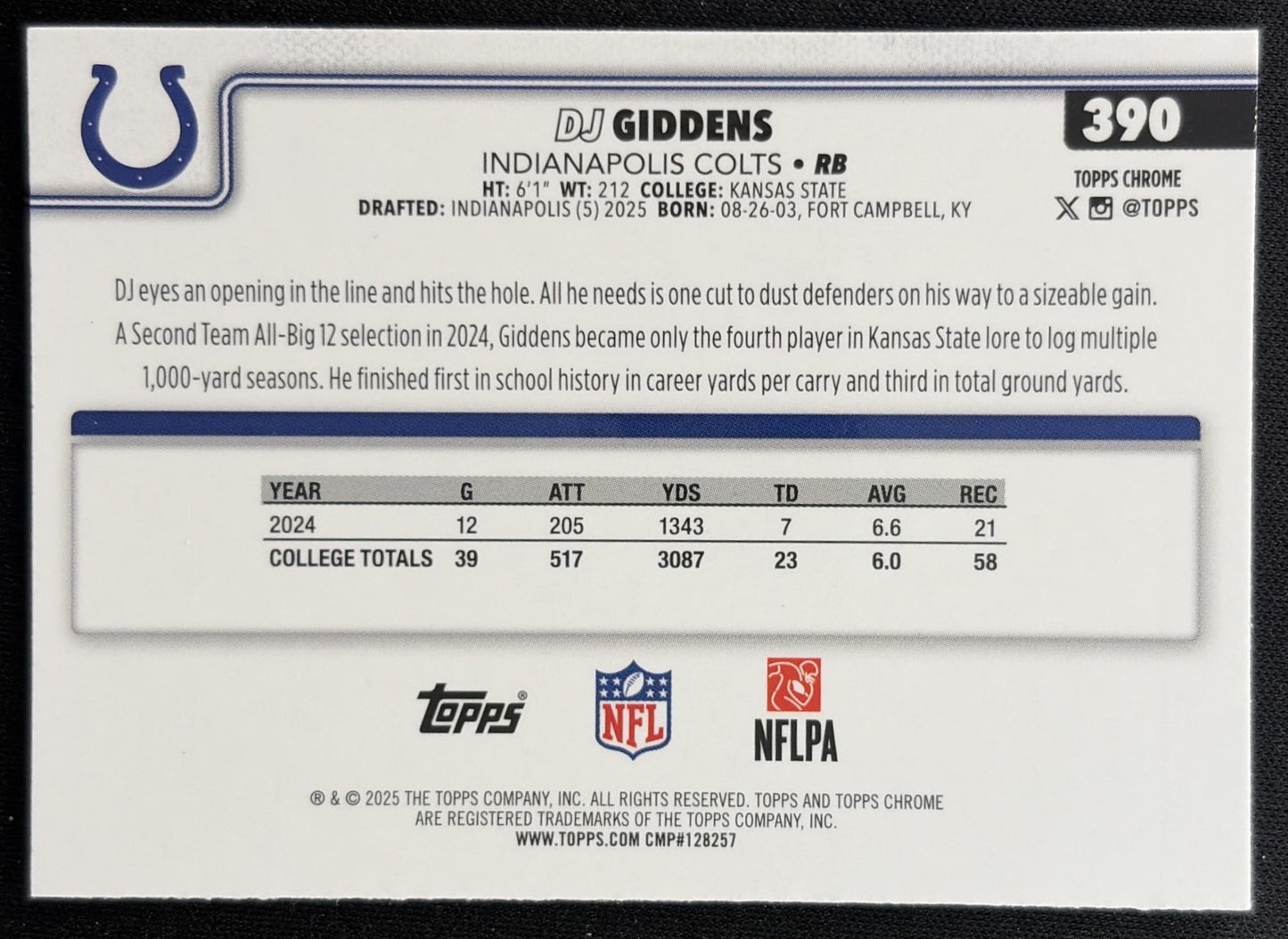DJ Giddens 2025 Topps Chrome Rookie Green Geometric Refractor /99 Colts back