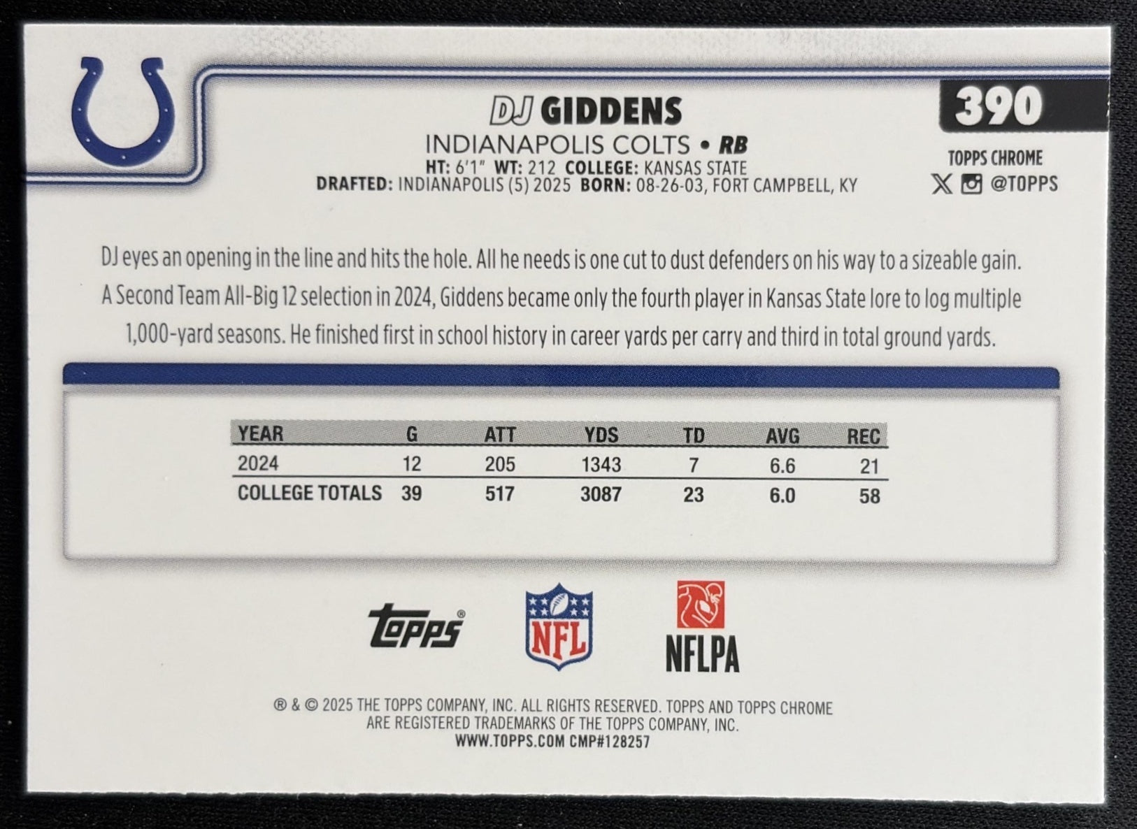 DJ Giddens 2025 Topps Chrome Rookie Green Geometric Refractor /99 Colts back