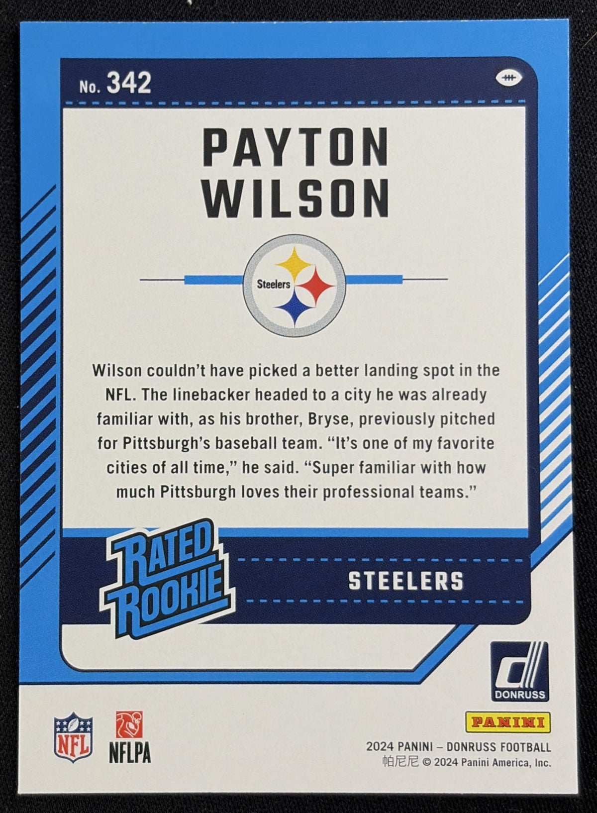 Back of Payton Wilson 2024 Panini Donruss Press Proof Green Steelers sports trading card