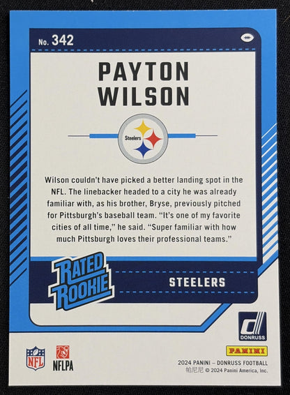 Back of Payton Wilson 2024 Panini Donruss Press Proof Green Steelers sports trading card