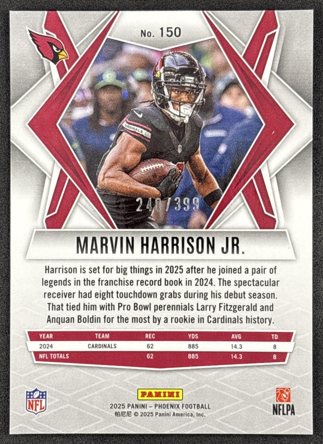 Marvin Harrison Jr. 2025 Panini Phoenix Red Winter Prizm /399 Cardinals back