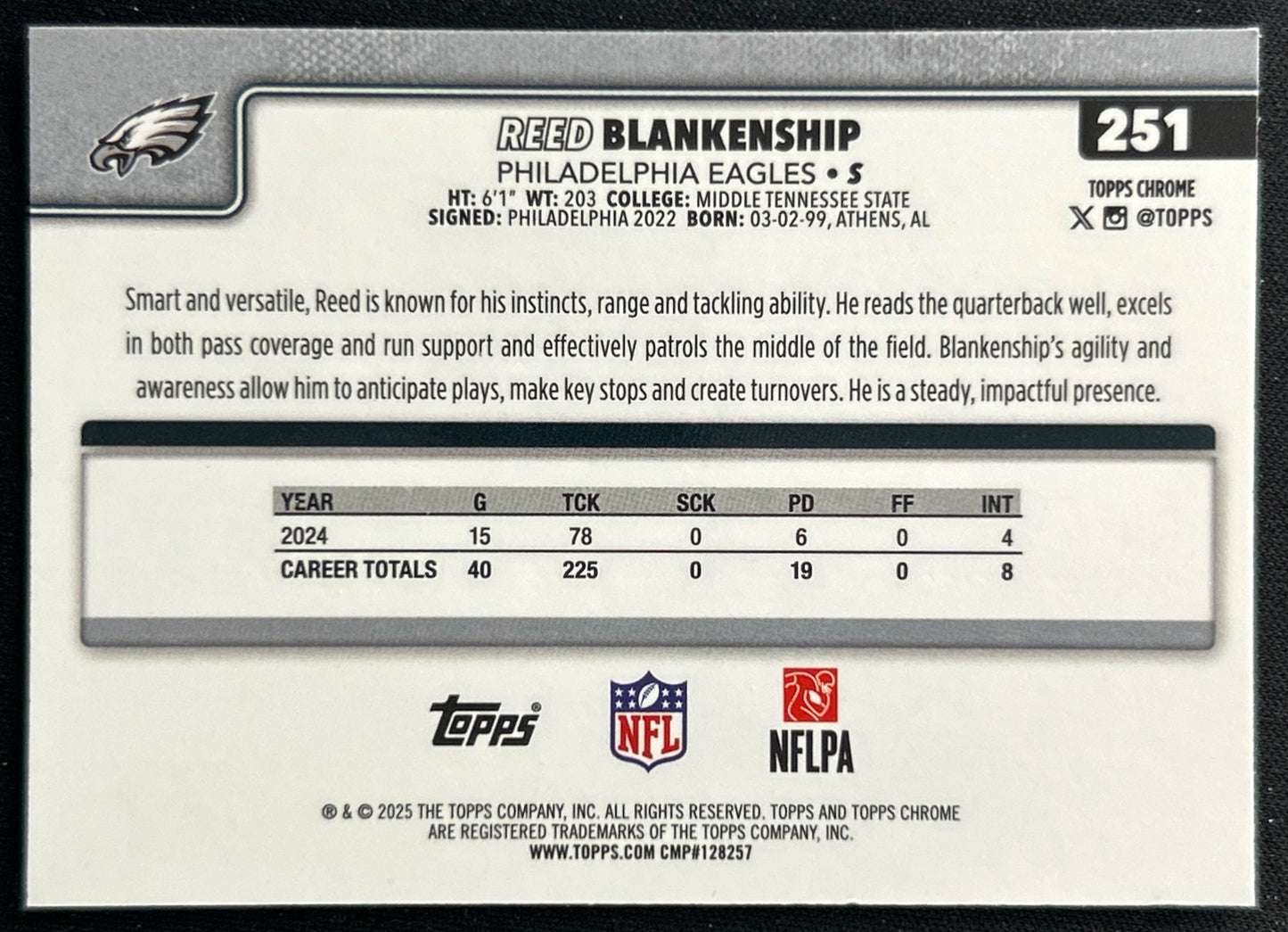 Reed Blankenship 2025 Topps Chrome Eagles Sports Trading Cards