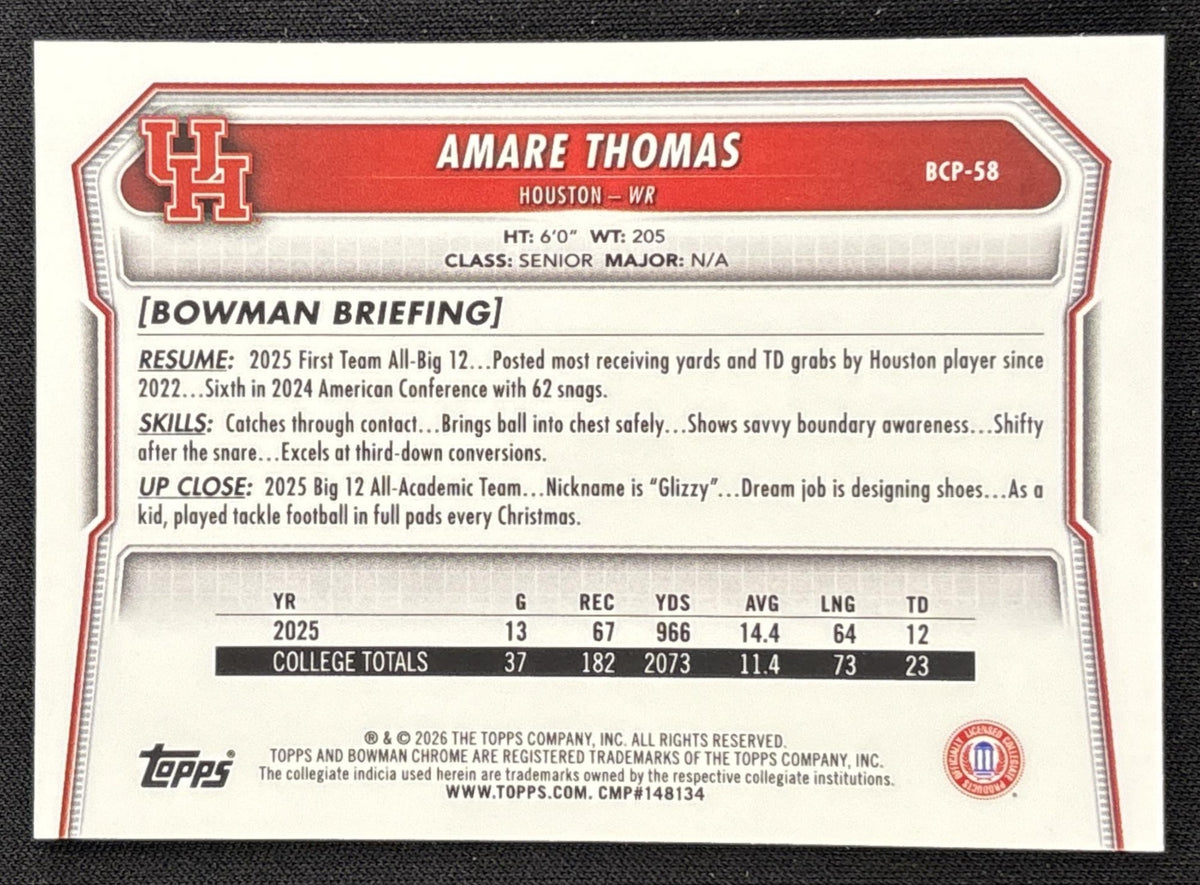 Amare Thomas 2026 Bowman Chrome Prospects Mojo Refractor Texans Cougars Oilers