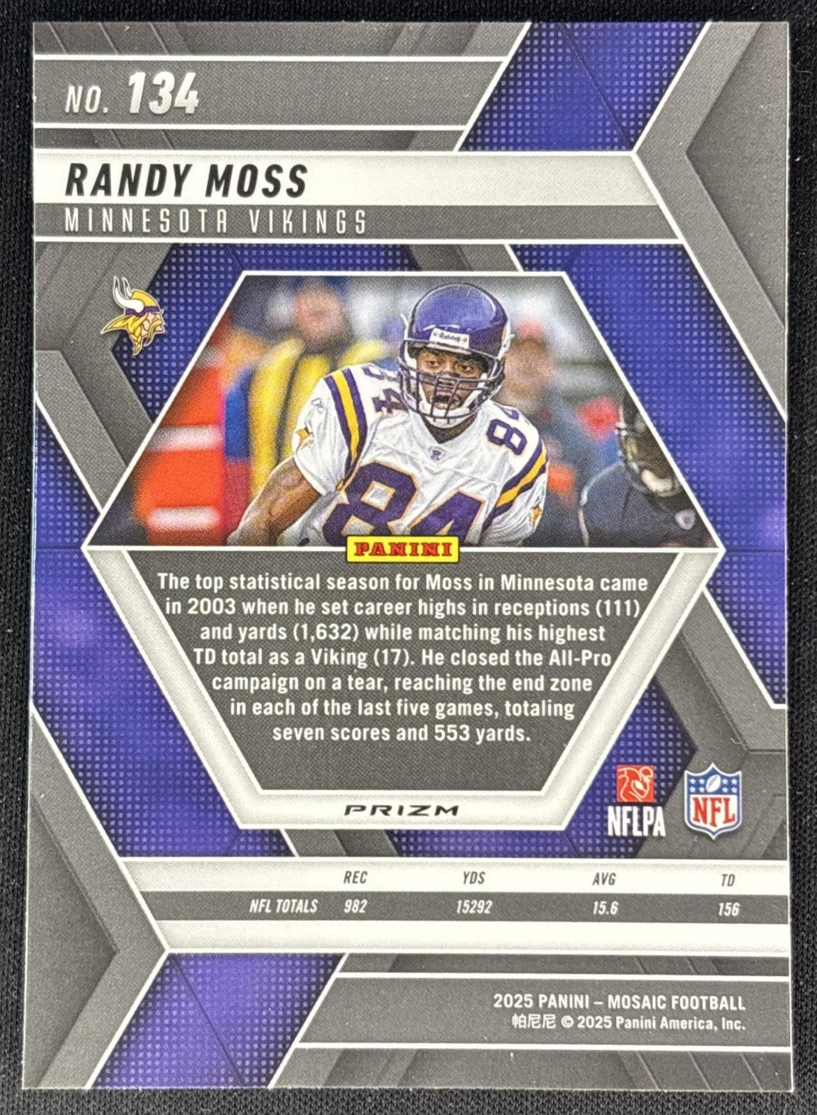 Randy Moss 2025 Panini Mosaic Reactive Purple Prizm Vikings