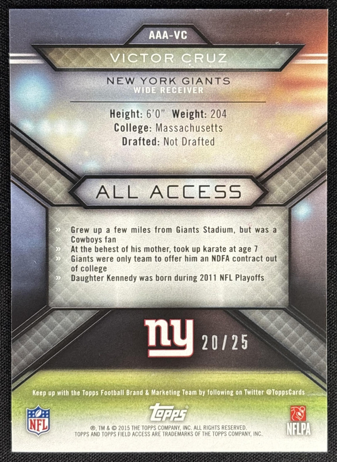 Victor Cruz 2015 Topps Field Access All Purple /25 Giants Sports Trading Card