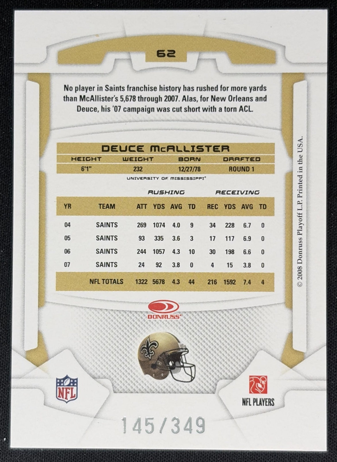 Deuce McAllister 2007 Leaf Rookies & Stars Gold Retail /349 Saints Sports Trading Cards