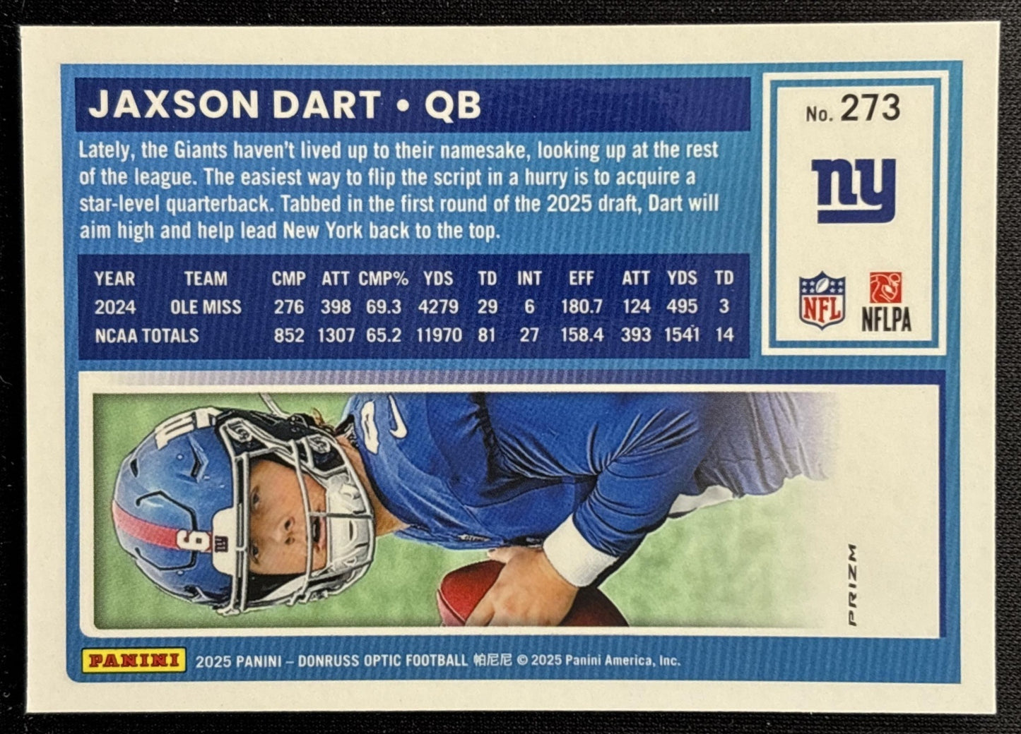 Jaxson Dart 2025 Panini Donruss Optic Rated Rookie Stars Prizm Giants