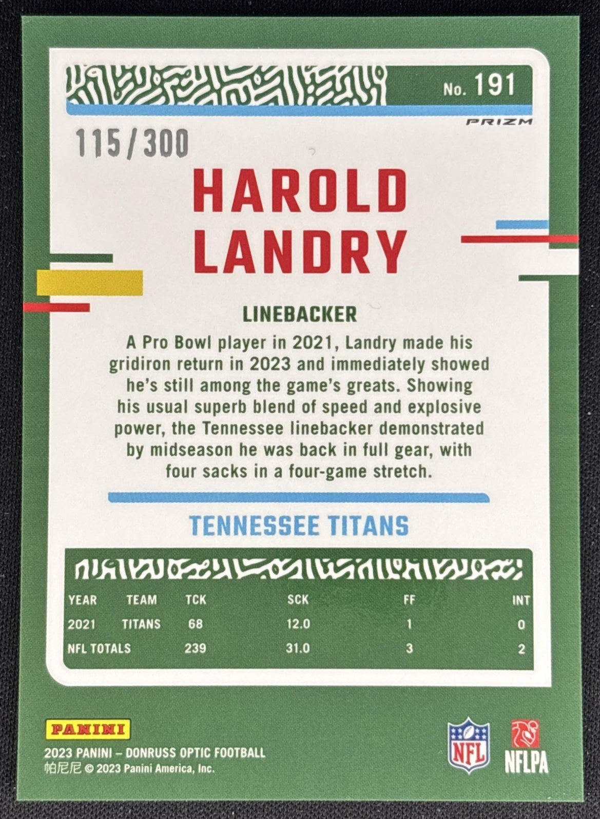 Harold Landry 2023 Panini Donruss Optic Wave Prizm /300 Titans back