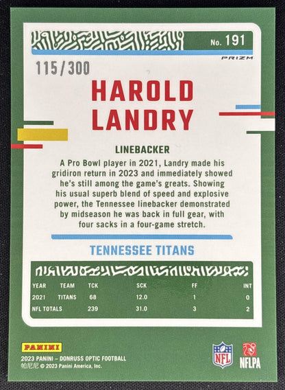 Harold Landry 2023 Panini Donruss Optic Wave Prizm /300 Titans back