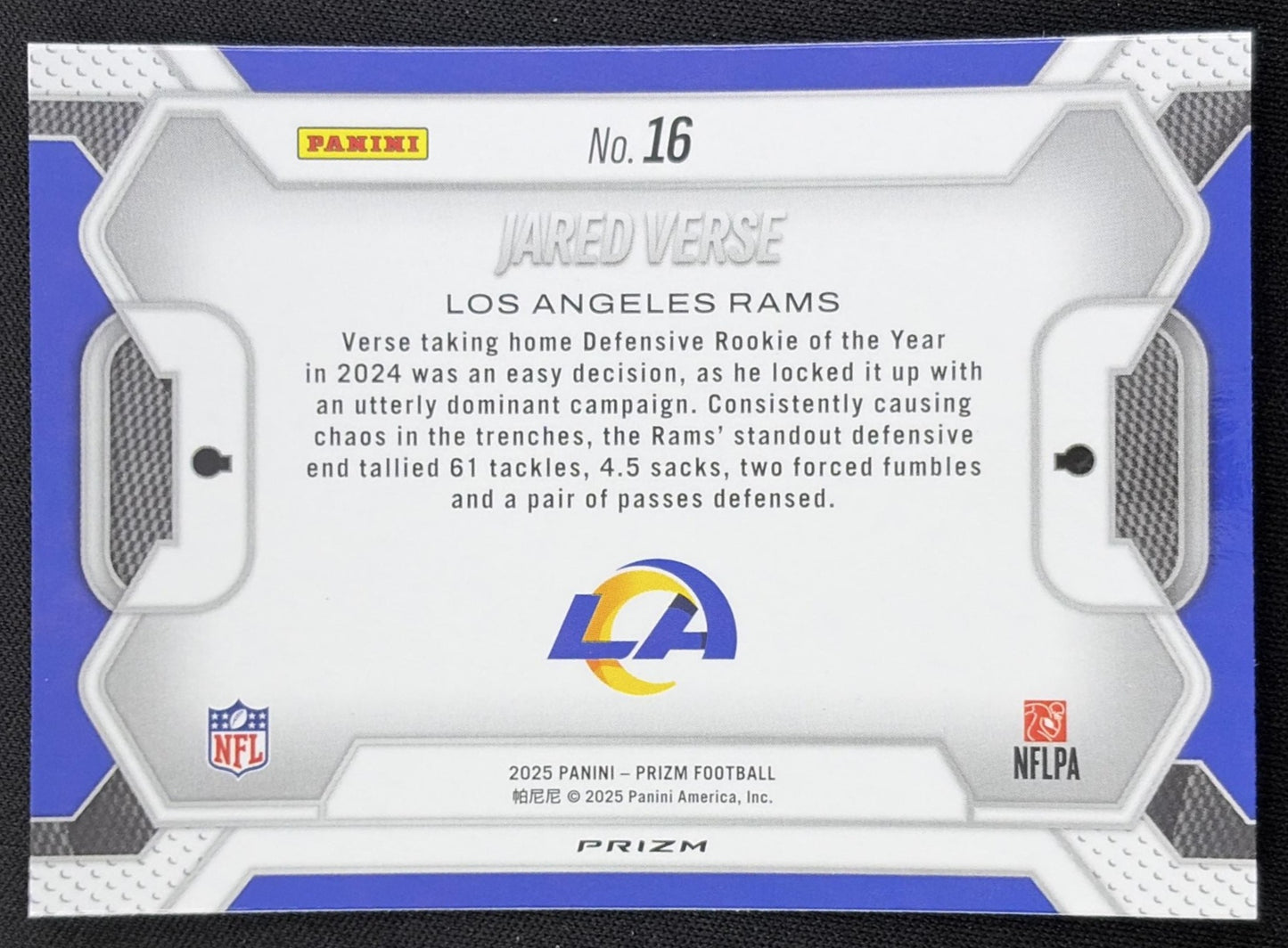 Jared Verse 2025 Panini Prizm Lockdown No Huddle Rams Los Angeles Rams