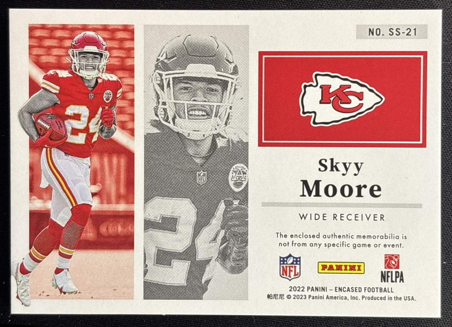 Skyy Moore 2022 Panini Encased Substantial Rookie Swatches Ruby /9 Chiefs back