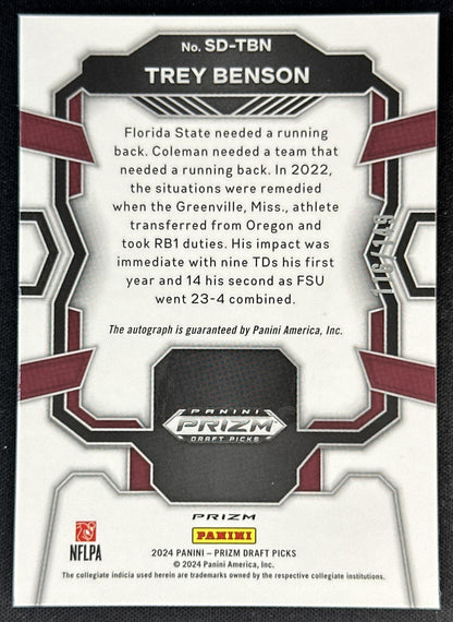 Trey Benson 2024 Prizm Collegiate Draft Picks Signing Day Auto Blue /149 Seminoles