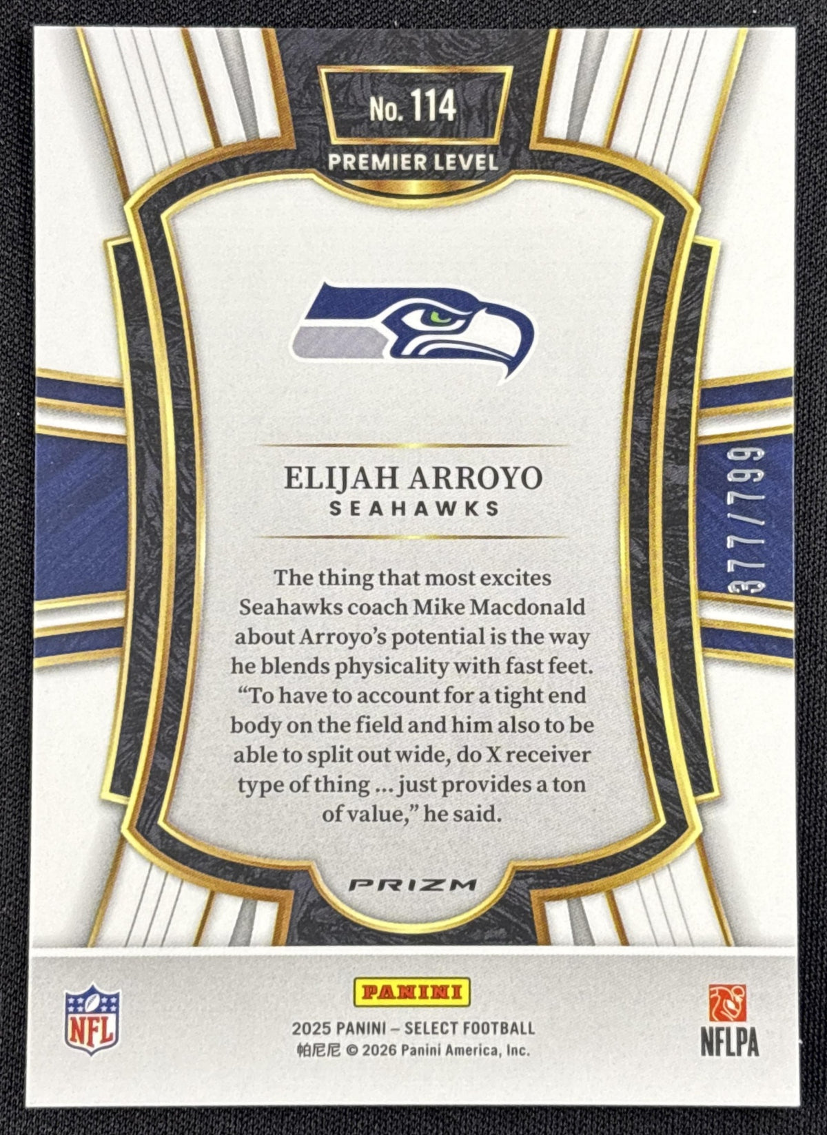 Elijah Arroyo 2025 Panini Select Premier Level White Prizm Shock /799 Seahawks
