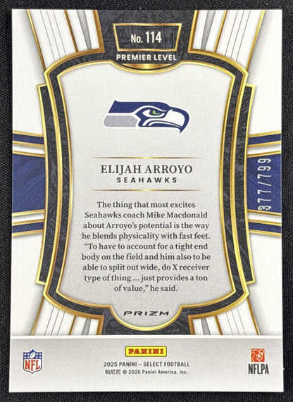 Elijah Arroyo 2025 Panini Select Premier Level White Prizm Shock /799 Seahawks