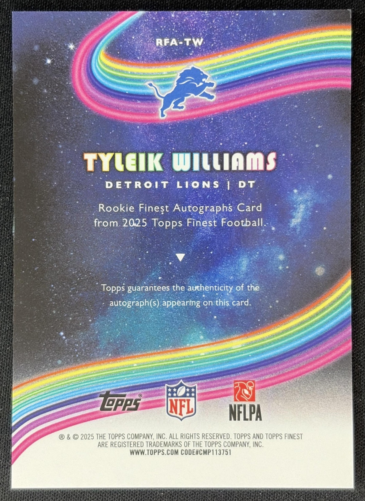 Tyleik Williams 2025 Topps Finest Rookie Auto Orange Refractor /25 Lions back