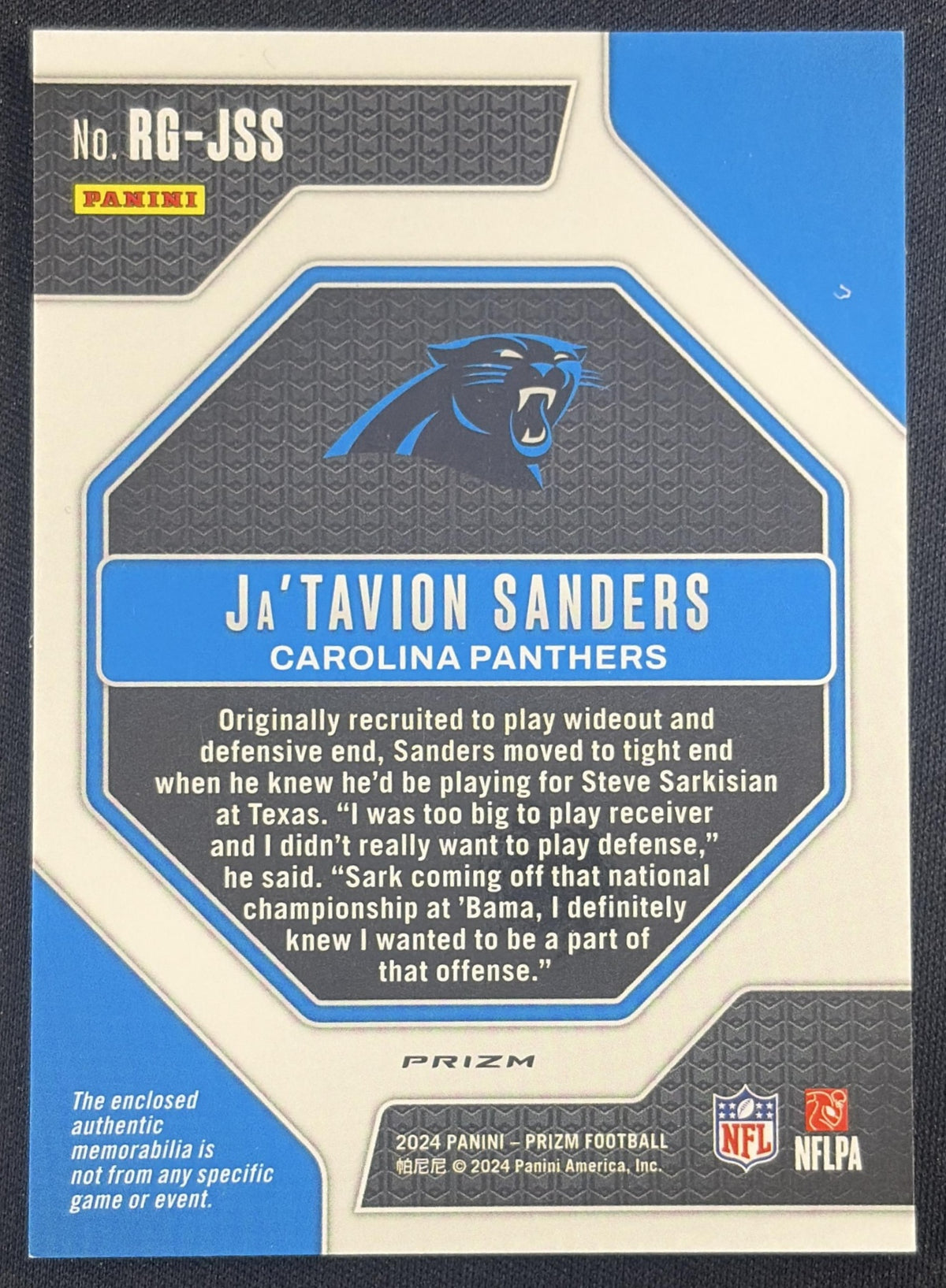 Ja'Tavion Sanders 2024 Panini Prizm Rookie Gear Panthers
