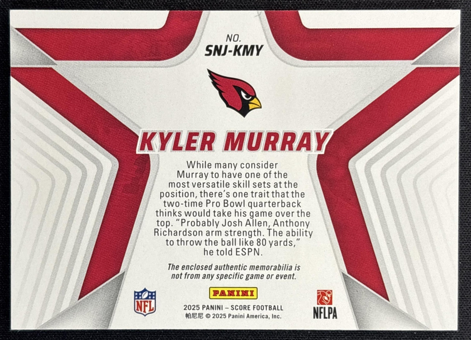Kyler Murray 2025 Panini Score Stars of the NFL Jersey Cardinals
