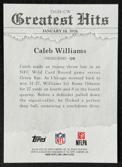 Caleb Williams 2026 Topps 2025 Greatest Hits Bears back
