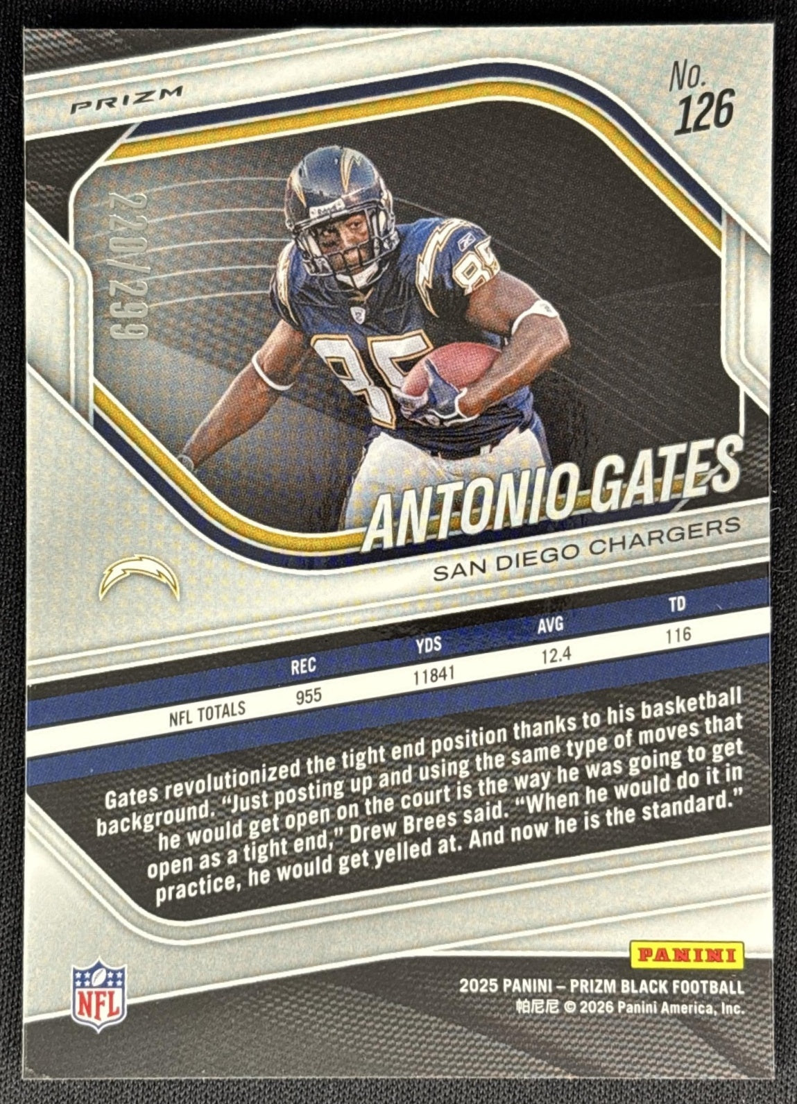 Antonio Gates 2025 Panini Prizm Black Red /299 Chargers Sports Trading Cards
