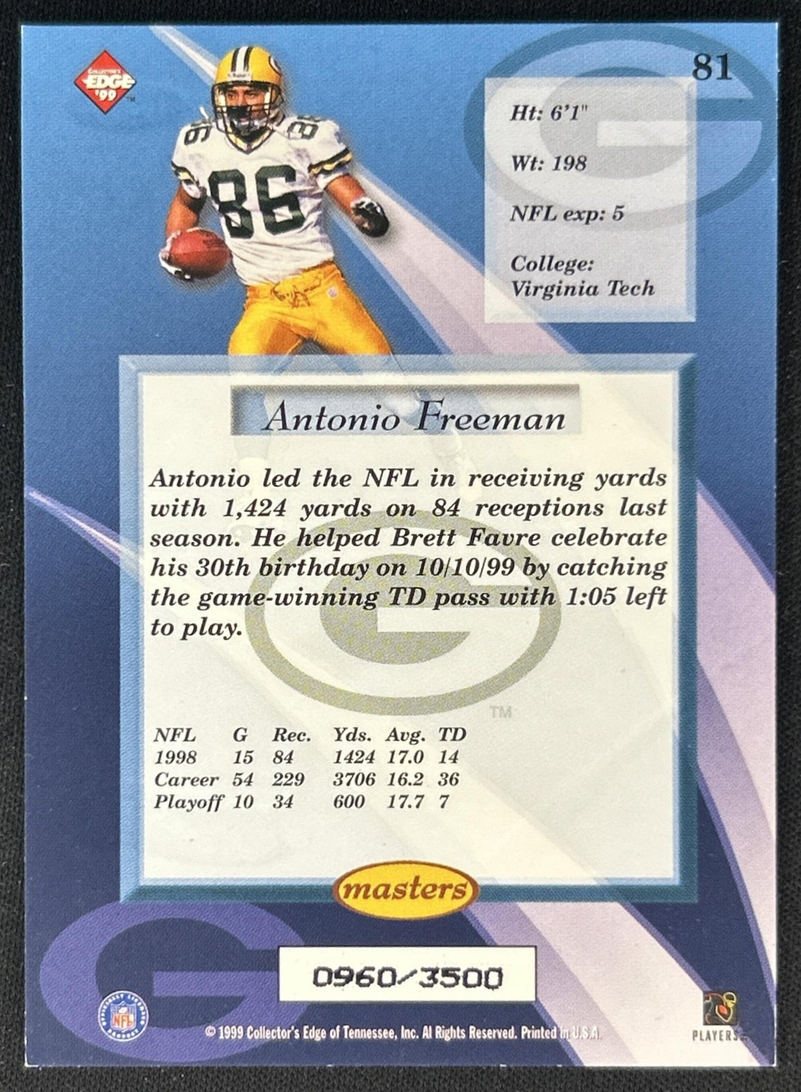 Antonio Freeman 1999 Collector's Edge Masters HoloSilver /3500 Packers back