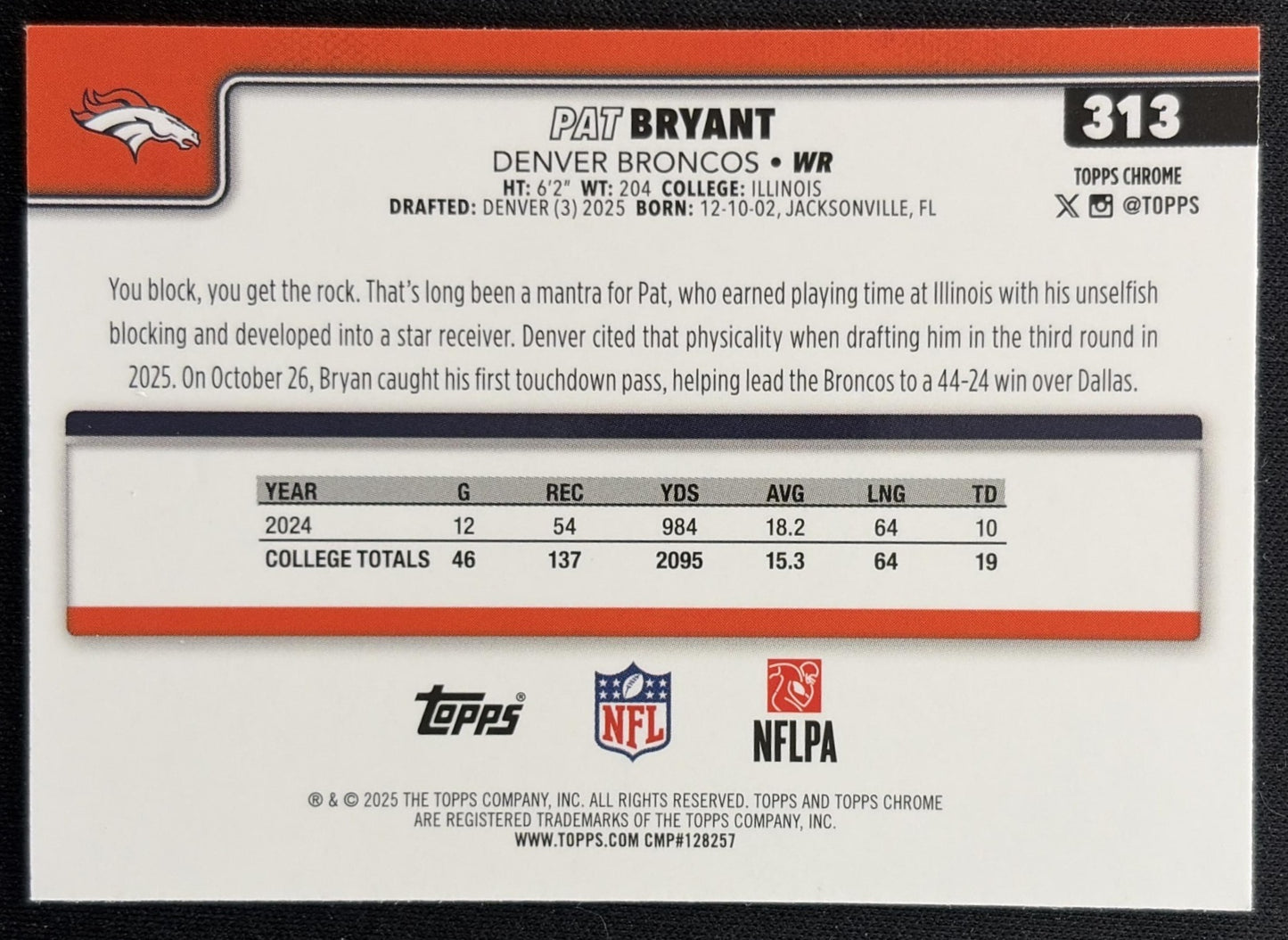 Pat Bryant 2025 Topps Chrome Rookie RayWave Refractor Broncos back