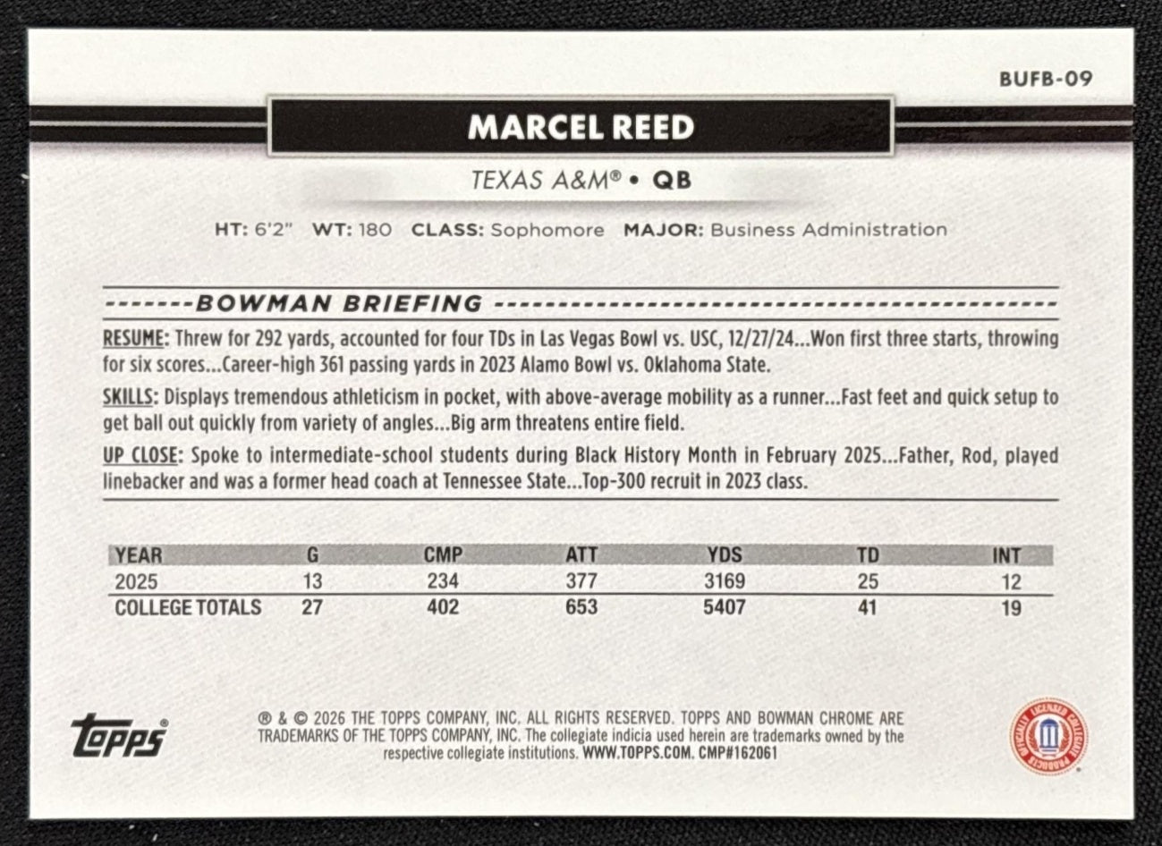 Marcel Reed 2026 Topps NSCC Collection Bowman U Chrome Orange Refractor /25 Sports Trading Cards