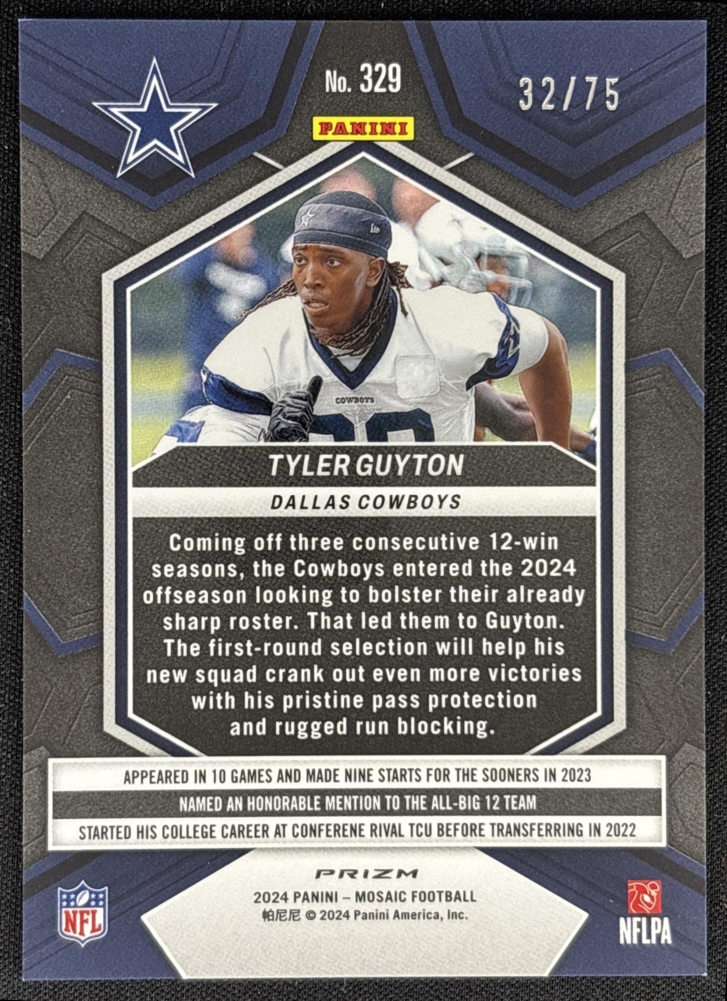 Tyler Guyton 2024 Panini Mosaic No Huddle Blue Prizm /75 Cowboys