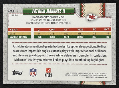 Patrick Mahomes II 2026 Topps Holiday Back Variation Chiefs Sports Trading Card