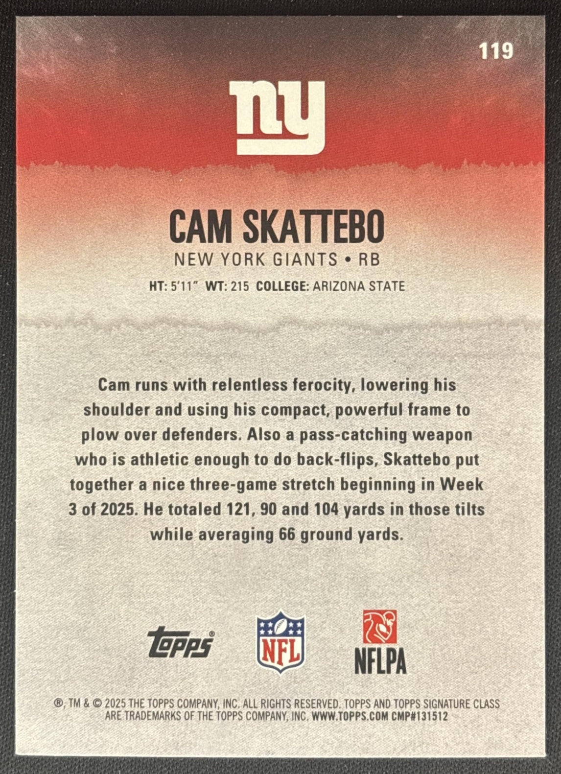 Cam Skattebo 2025 Topps Signature Class Rookie Green & Purple Foil Giants back