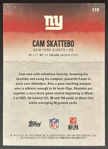 Cam Skattebo 2025 Topps Signature Class Rookie Green & Purple Foil Giants back