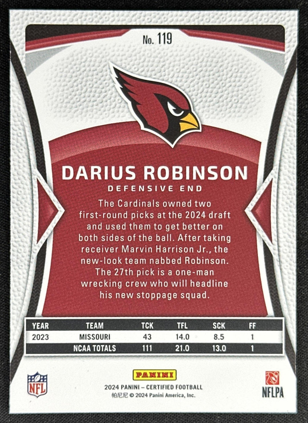 Darius Robinson 2024 Panini Certified Rookies Teal Mirror FOTL /20 Cardinals